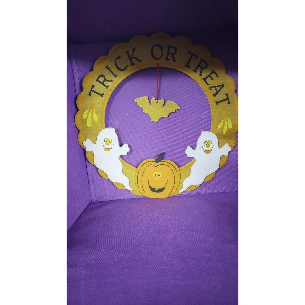 Vtg 80s 90s Halloween Trick or Treat Wooden Wreath Door Hanger Ghost Pumpkin Bat